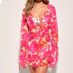 Sandy and Stunning Hot Pink Abstract Print Sheer Swim Cover-Up